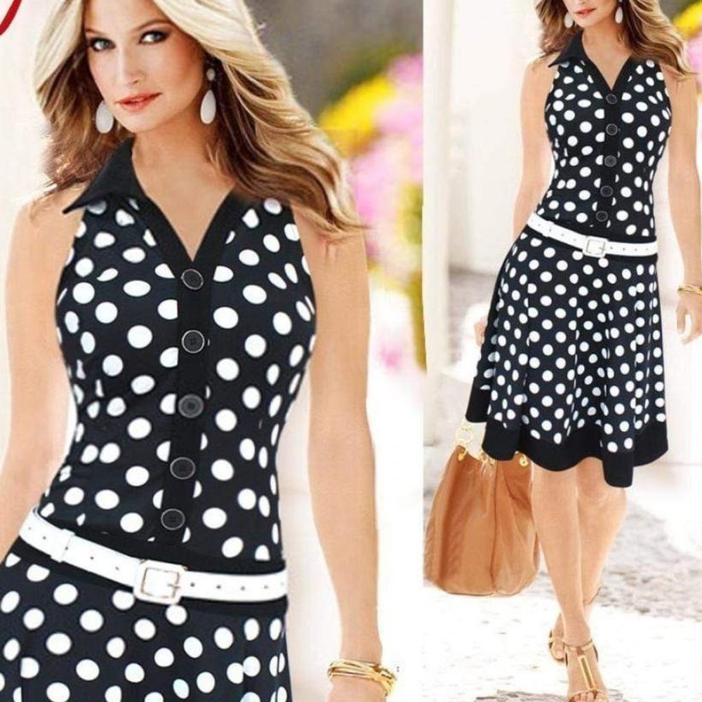 Feitong Women Polyester Polka Dot Sleeveless Button Summer Regular Dress Size Sm